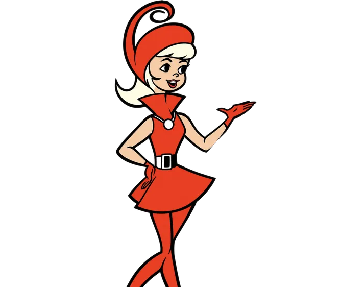 A cartoon girl of tomorrow in a Hyper-orange dress, tights and swirled hat, with a cream belt and pendant, one hand on her hip and the other held out, shapes shooting from it.