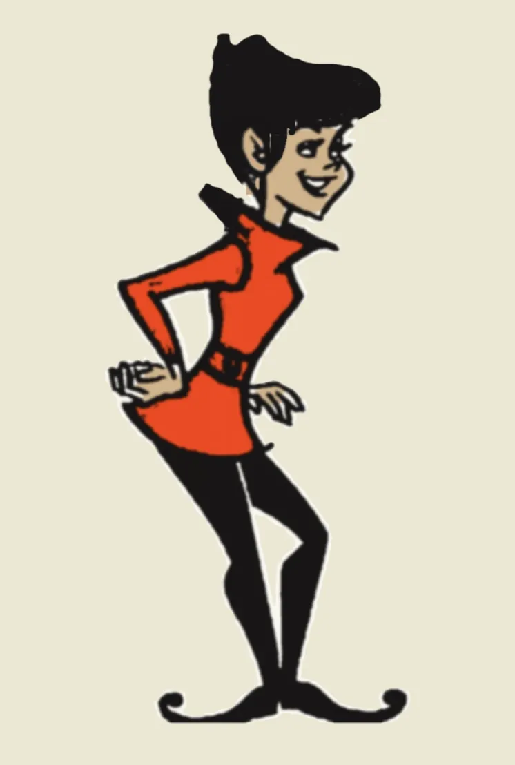 A cartoon guy of tomorrow with a black pointed quiff tipped by a Hyper-orange cap, in a Hyper-orange tunic and black tights, hands on his hips, laughing, musical notes floating out of his mouth.