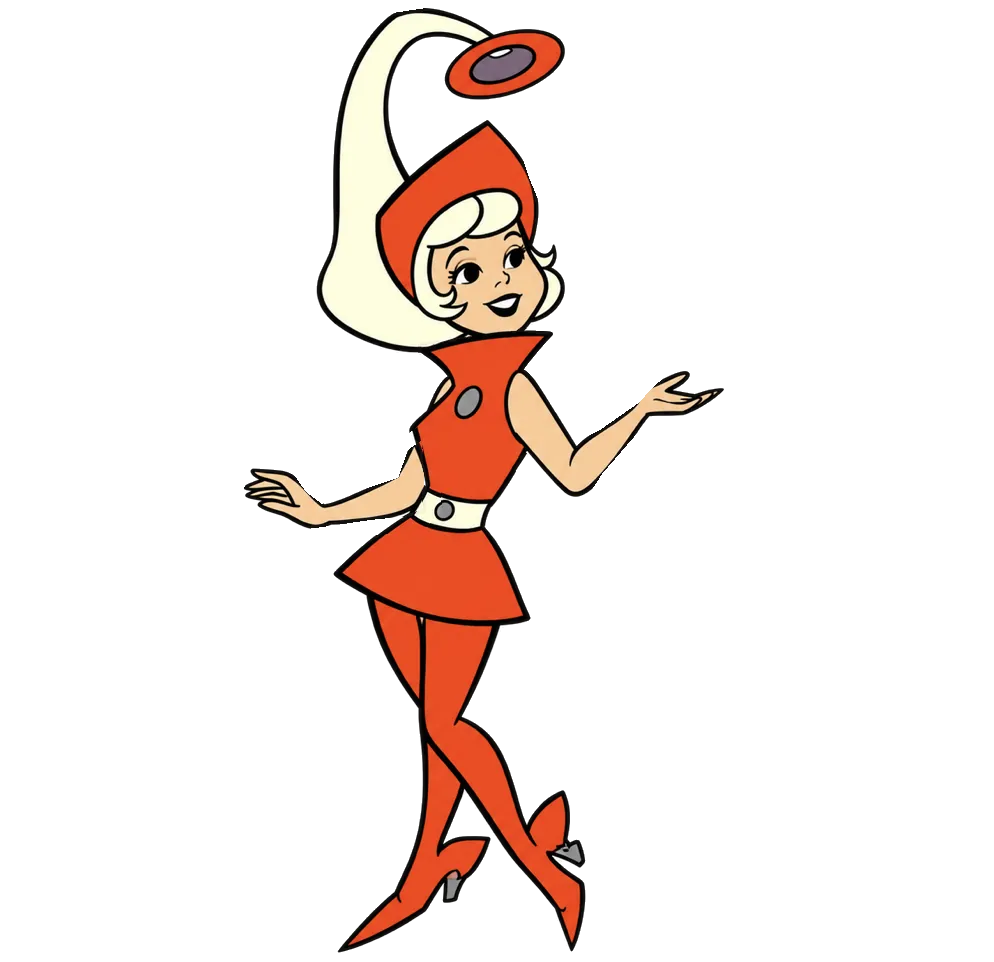 A cartoon girl of tomorrow with pale blonde hair under a tall Hyper-orange hood, in a high-collared Hyper-orange dress, a white belt and Hyper-orange tights, one hand held out palm up, sparkles of magic streaming from it.