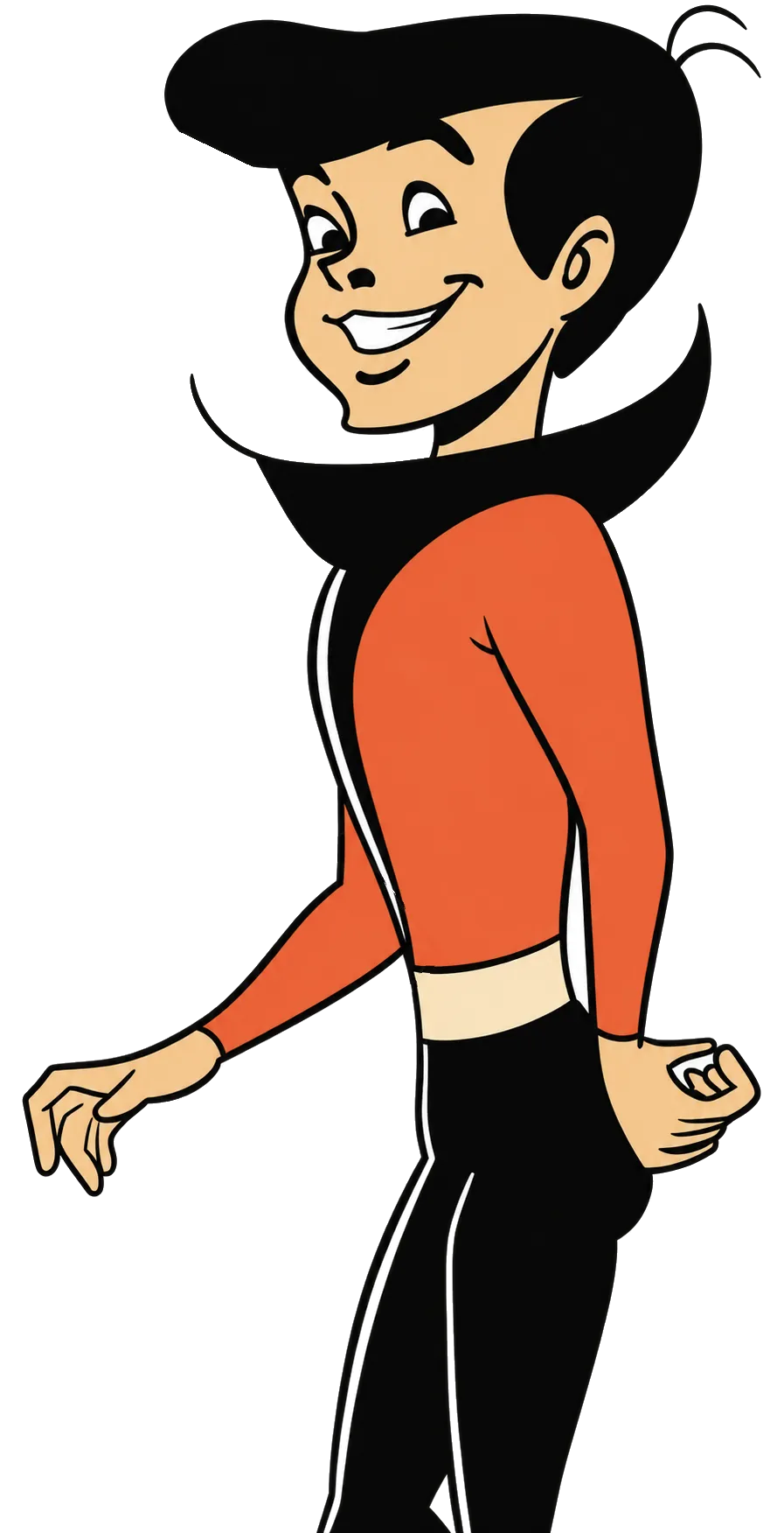A cartoon guy of tomorrow with a black quiff and a tall black collar, in a Hyper-orange top and black trousers, grinning, playing with a violet yo-yo.