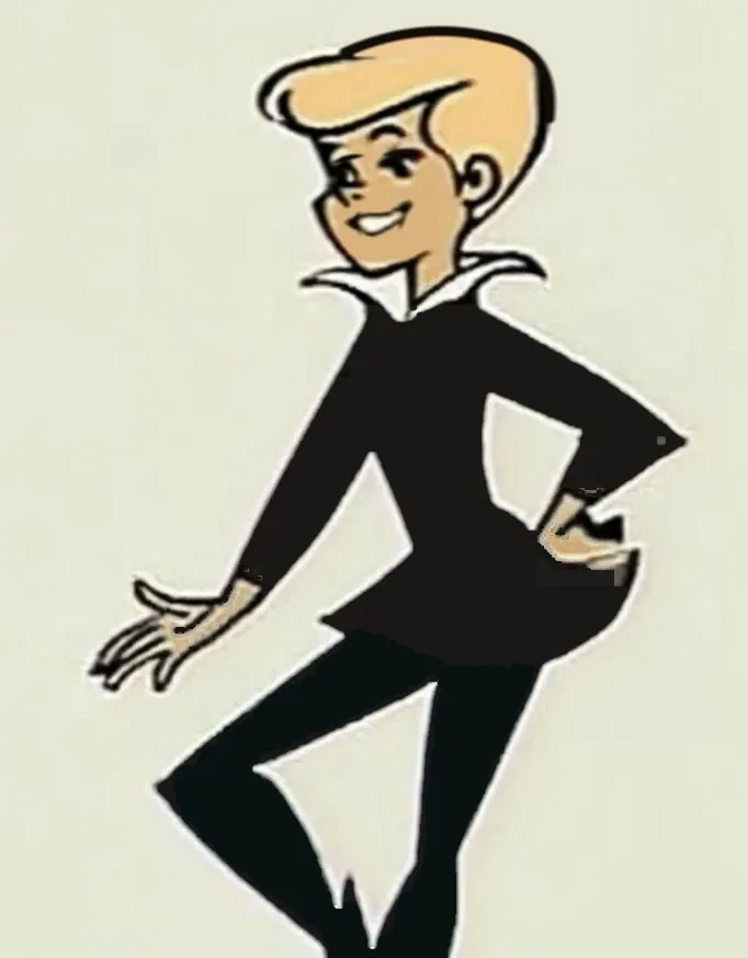 A cartoon guy of tomorrow with a tall swept-up quiff, in a Hyper-orange tunic and black tights, kicking up one leg and playing with a yo-yo.