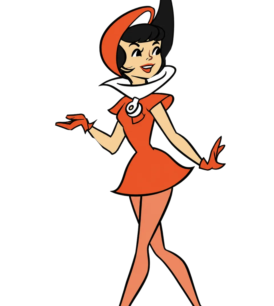 A cartoon girl of tomorrow with black hair, in a Hyper-orange hood, dress and gloves with a cream collar, sweeping a paintbrush that leaves a glow of orange paint.