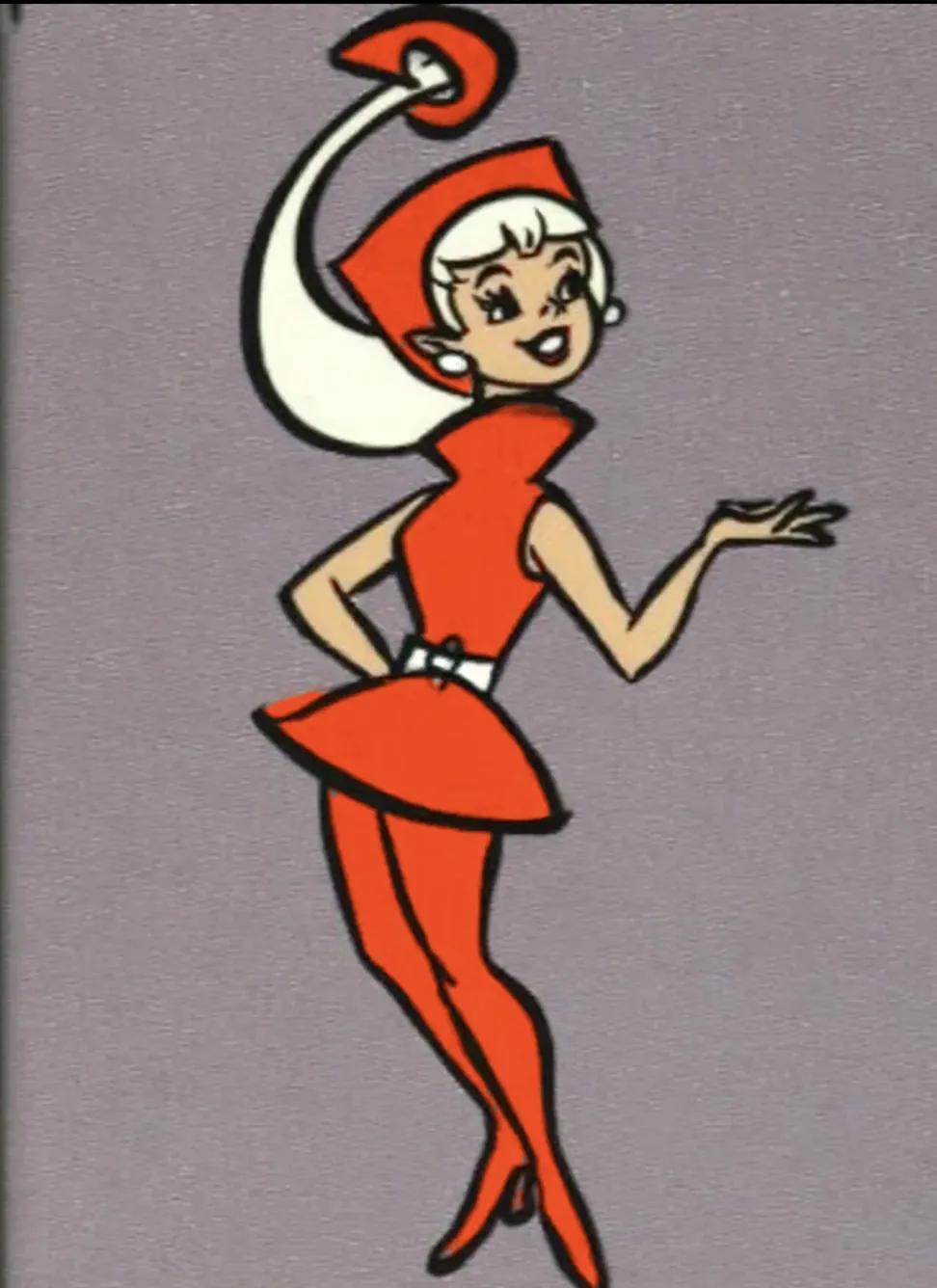 A cartoon girl of tomorrow with a long white ponytail curling up to a Hyper-orange cap, in a high-collared Hyper-orange dress and tights, one hand on her hip, juggling three balls with the other.