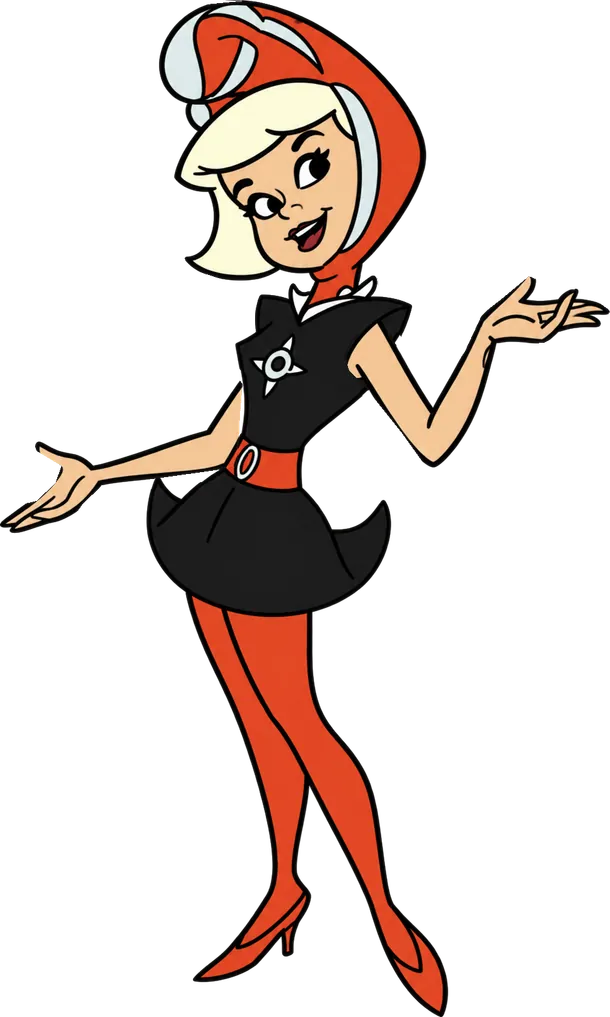 A cheerful space-age cartoon girl in a black dress with a Hyper-orange hood, belt, and tights, on a lavender background.