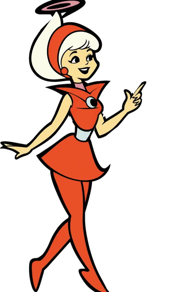 A cartoon girl of tomorrow with white hair under a Hyper-orange cap and a floating halo, in a high-collared Hyper-orange dress and tights, walking and pointing up with one finger.