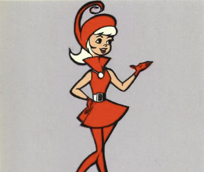 A cartoon girl of tomorrow in a Hyper-orange dress, tights and swirled hat, with a cream belt and pendant, one hand on her hip and the other held out, shapes shooting from it.