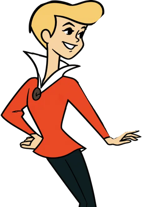 A cartoon guy of tomorrow with a black quiff, in a Hyper-orange shirt with a tall white collar and black trousers, one hand on his hip and the other held out.