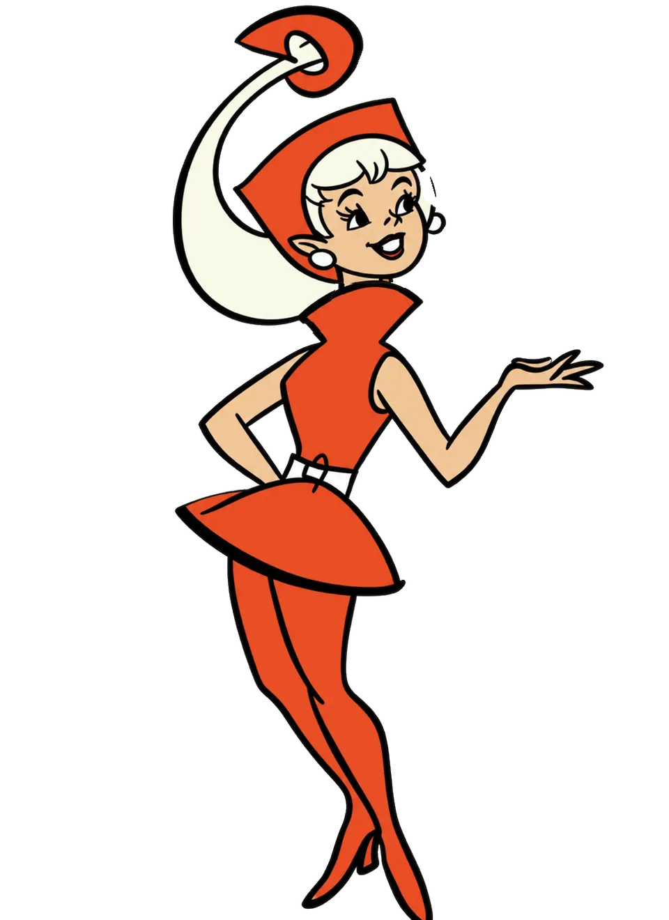 A cartoon girl of tomorrow with a long white ponytail curling up to a Hyper-orange cap, in a high-collared Hyper-orange dress and tights, one hand on her hip, juggling three balls with the other.