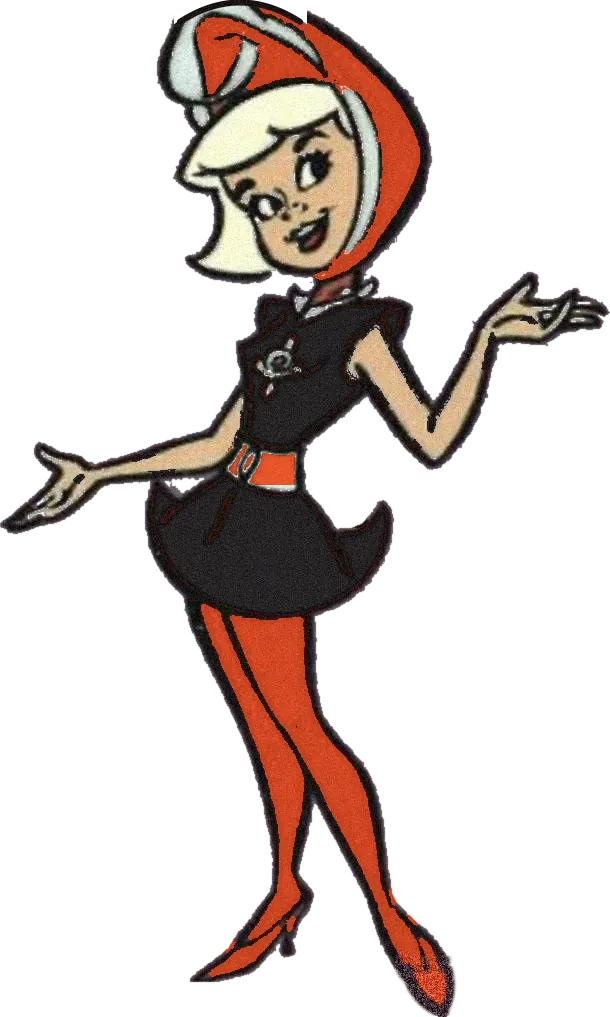A cheerful space-age cartoon girl in a black dress with a Hyper-orange hood, belt, and tights, on a lavender background.