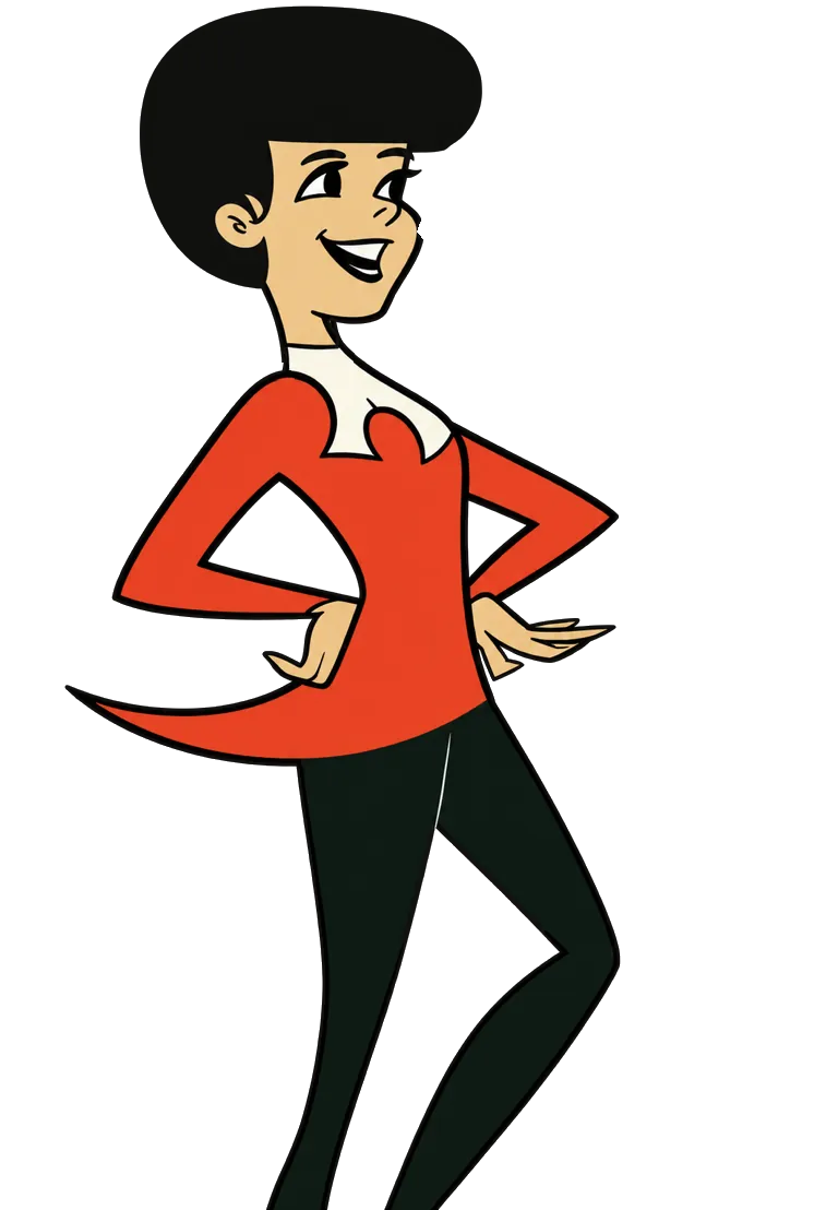 A cartoon guy of tomorrow with a black pointed quiff tipped by a Hyper-orange cap, in a Hyper-orange tunic and black tights, hands on his hips, laughing, musical notes floating out of his mouth.