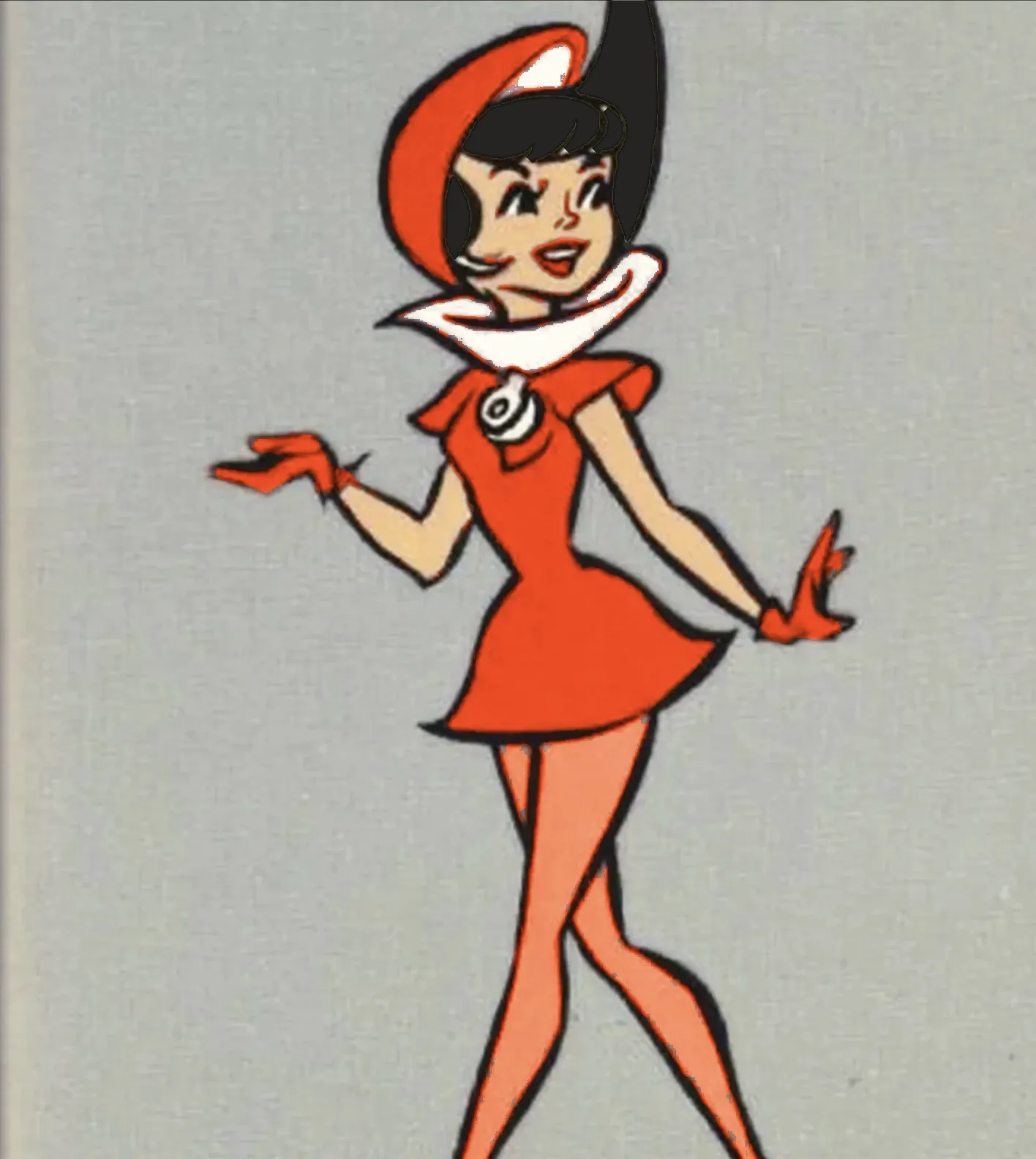 A cartoon girl of tomorrow with black hair, in a Hyper-orange hood, dress and gloves with a cream collar, sweeping a paintbrush that leaves a glow of orange paint.