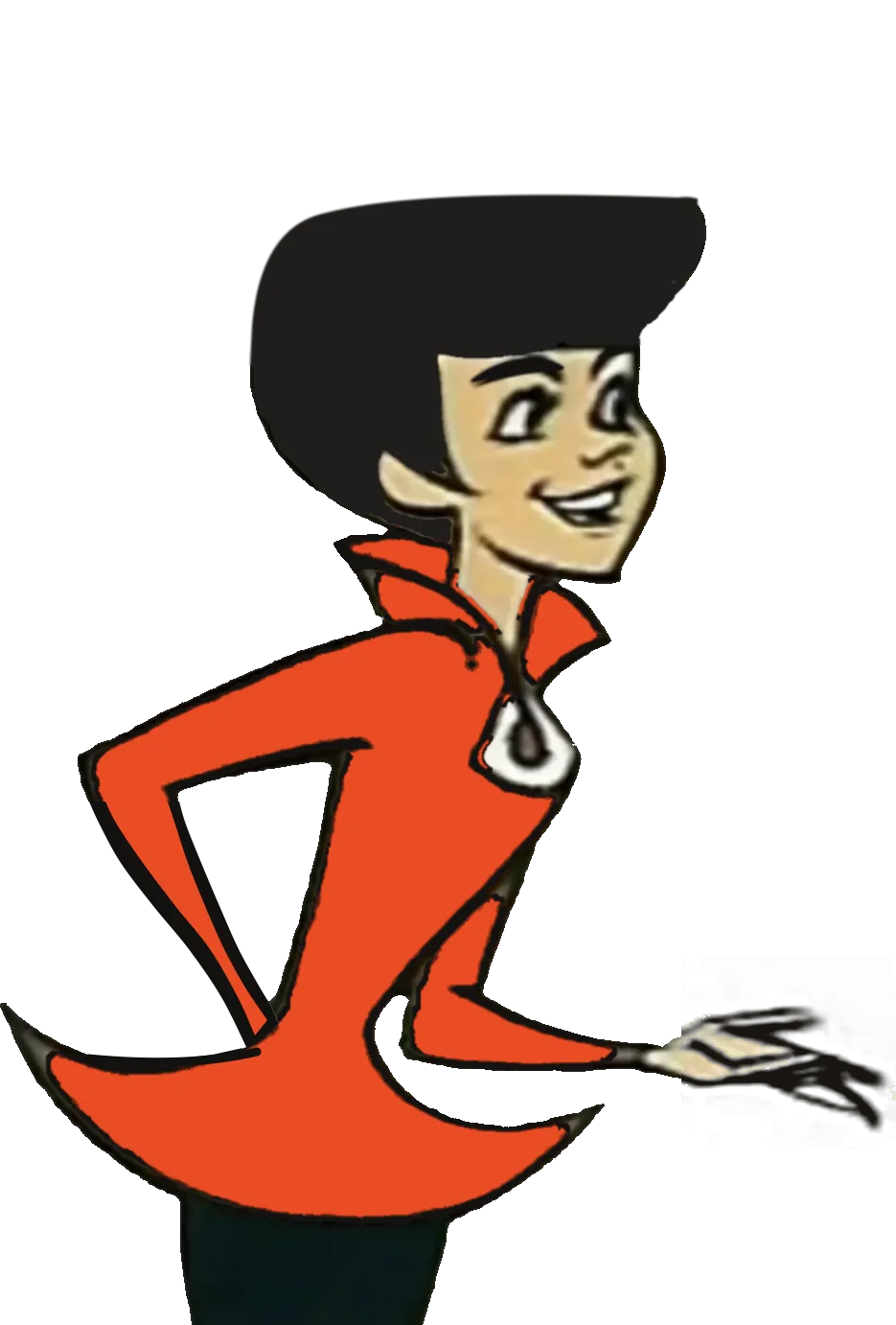 A smiling cartoon figure of tomorrow with swept-up black hair and a Hyper-orange jacket, in space among the stars.