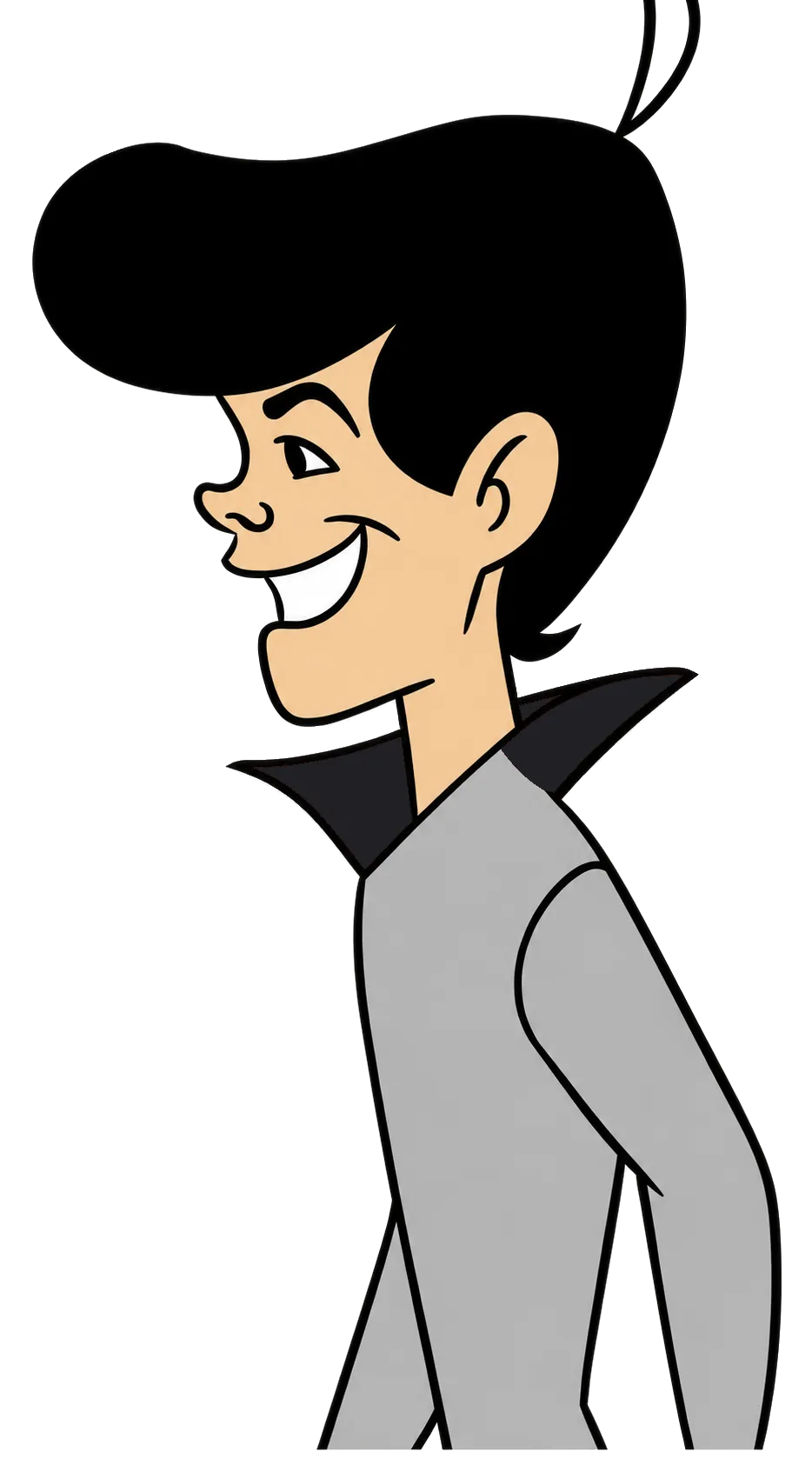 A grinning cartoon hero of tomorrow with dark hair, a loop on top, and a black collar, in Hyper-orange sunshine.