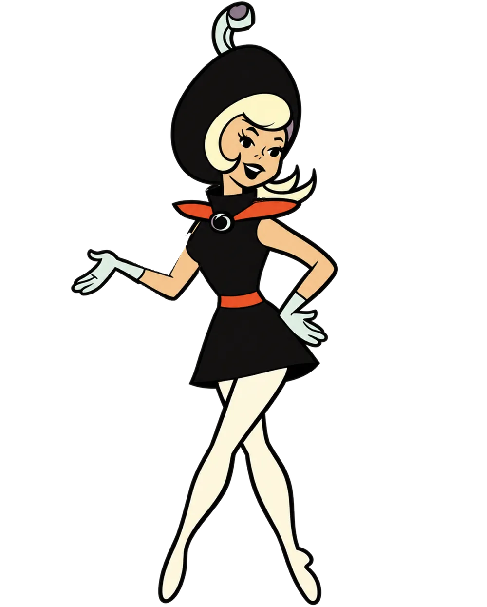 A cartoon girl of tomorrow in a black Hyper dress and round black hat with a curl on top, cream tights, a Hyper-orange collar and belt and white gloves, one hand on her hip and the other held out, on a soft mauve background.