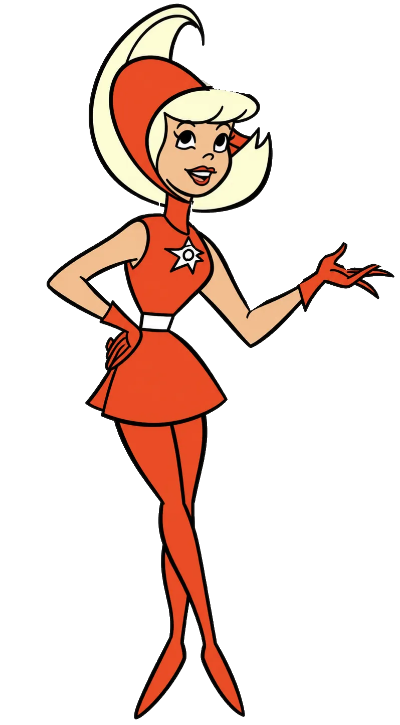 A cartoon girl of tomorrow in a Hyper-orange hood, dress, gloves and tights, one hand on her hip, a slinky springing from the other.