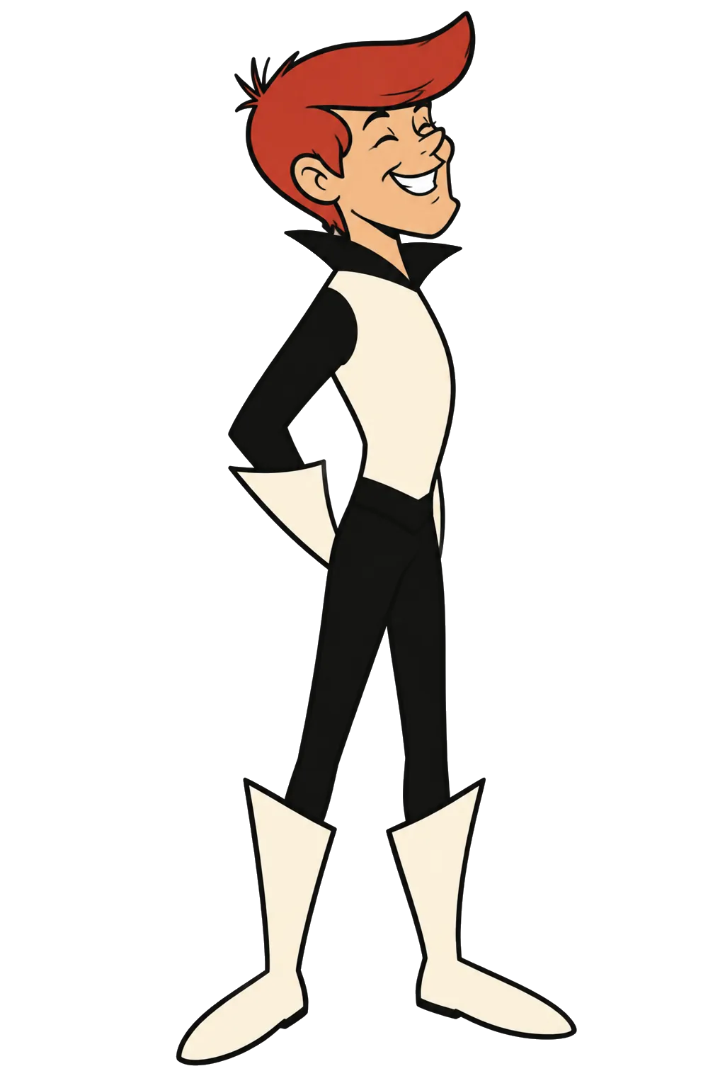 A cartoon guy of tomorrow with a red swept-up quiff, in a cream and black suit with a tall collar, laughing, musical notes floating out of his mouth.