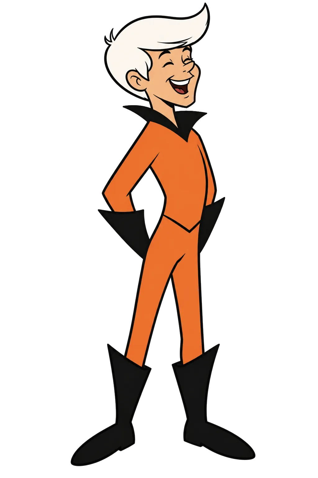 A cartoon guy of tomorrow with a white quiff, in a Hyper-orange jumpsuit and black boots, hands on his hips, blowing a big lilac bubble of gum that pops.