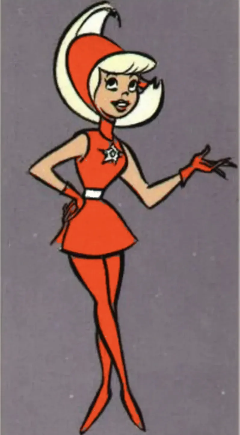 A cartoon girl of tomorrow in a Hyper-orange hood, dress, gloves and tights, one hand on her hip, a slinky springing from the other.