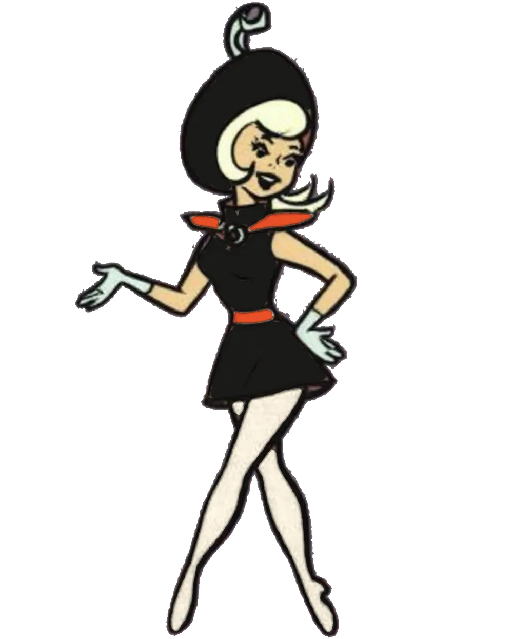 A cartoon girl of tomorrow in a black Hyper dress and round black hat with a curl on top, cream tights, a Hyper-orange collar and belt and white gloves, one hand on her hip and the other held out, on a soft mauve background.