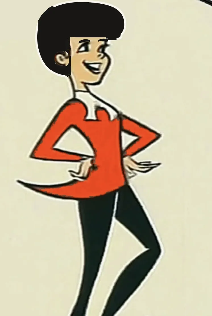 A cartoon guy of tomorrow with a black pointed quiff tipped by a Hyper-orange cap, in a Hyper-orange tunic and black tights, hands on his hips, laughing, musical notes floating out of his mouth.
