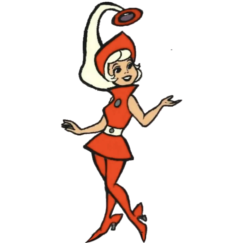 A cheerful space-age cartoon girl with white hair and a tall swooping hat, in a Hyper-orange outfit with a white belt and orange boots, on a lavender background.