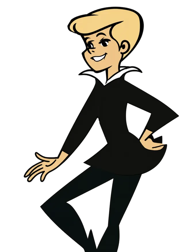 A cartoon guy of tomorrow with a tall swept-up quiff, in a Hyper-orange tunic and black tights, kicking up one leg and playing with a yo-yo.